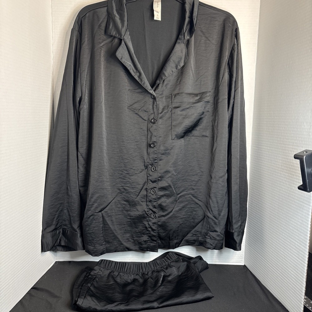 Auden Women's Luxury Satin Notch Collar Long Sleeve Shirt and Shorts xxl